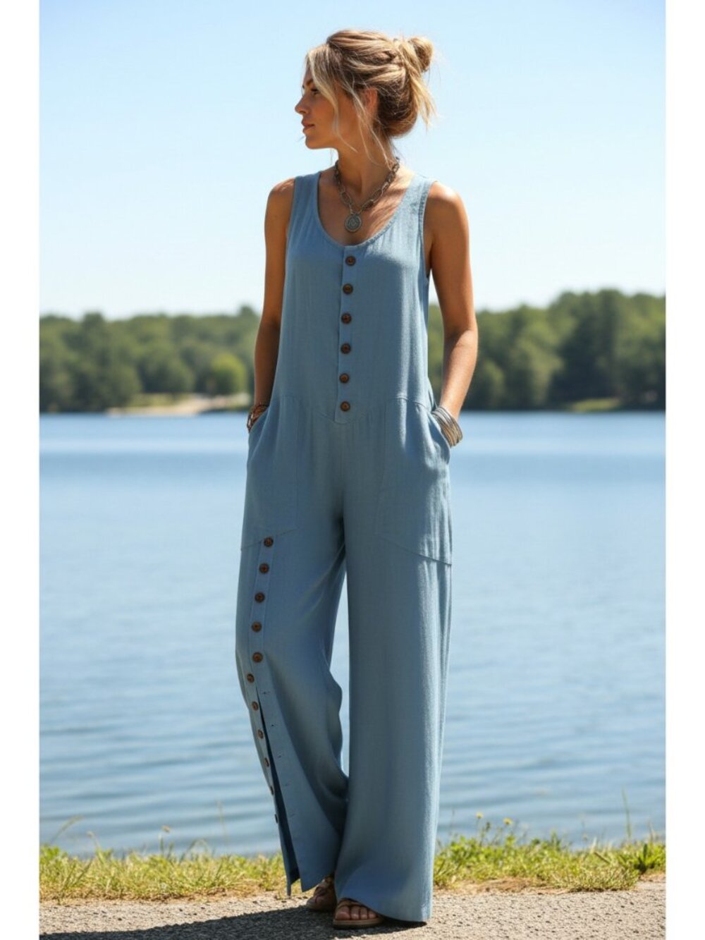 Baggy Button Up Patch Pocket Scoop Neck One-Piece Split Wide Leg Pant Jumpsuit